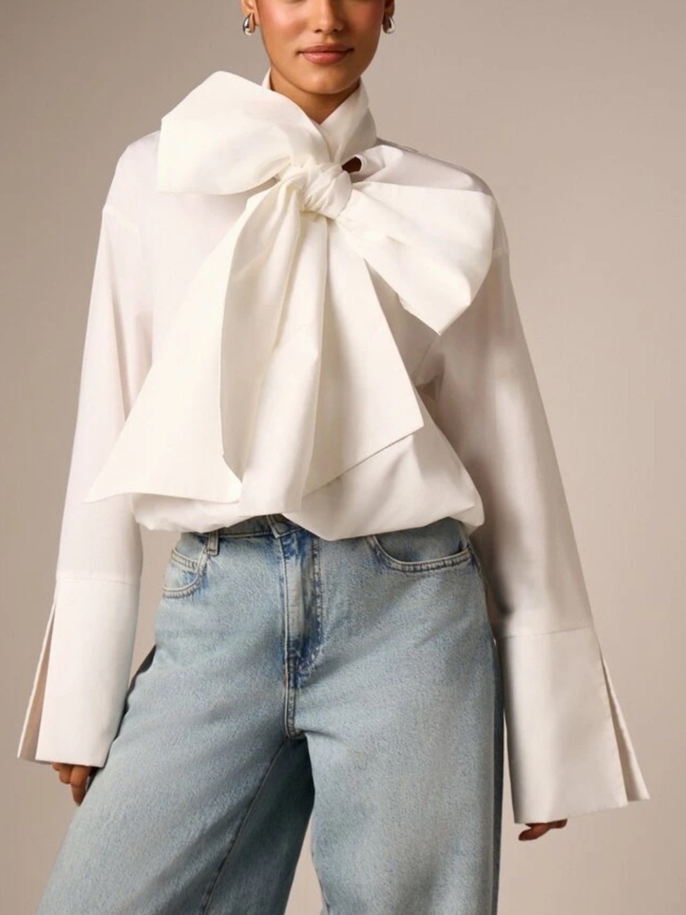 Classic Elegant Oversized White Bow Neck Bell Flare Sleeves Top Blouse Shirt